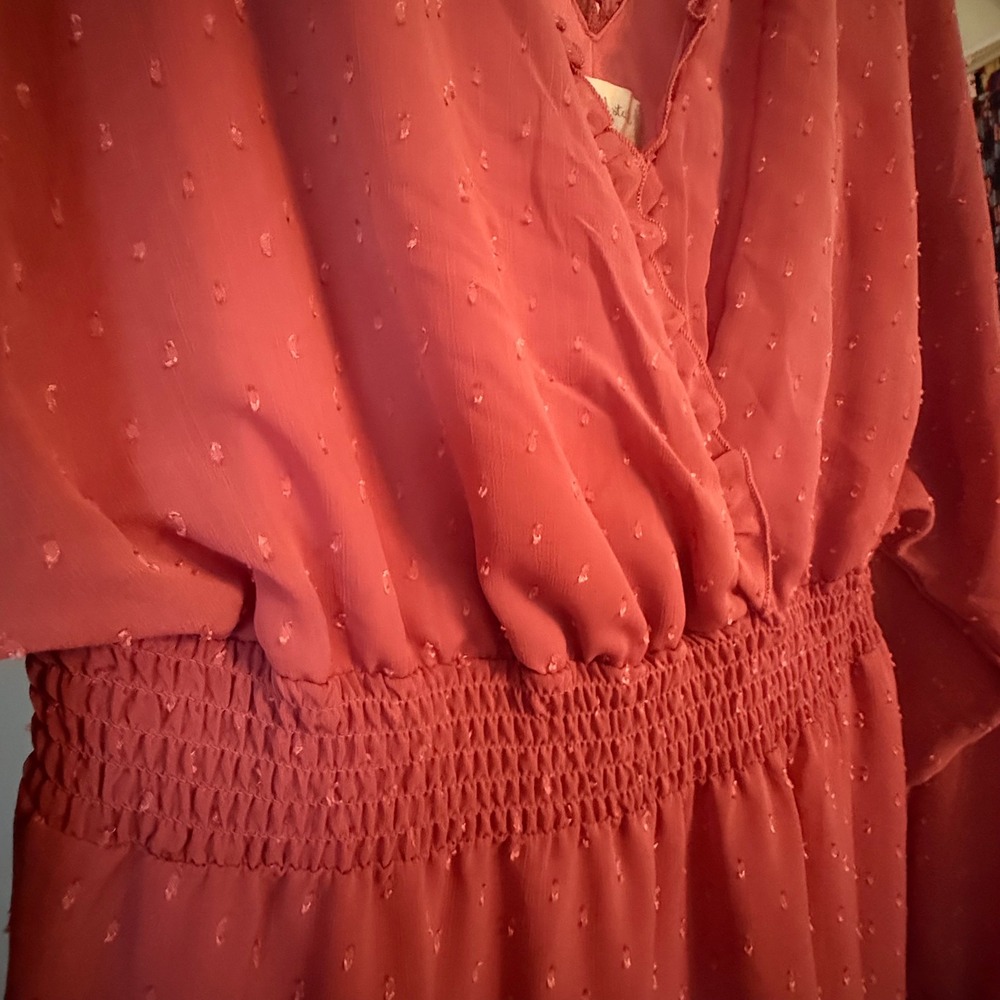 Altar'd State Mauve Pink Swiss Dot Ruffle Mini Dress Large Long Sleeve Smocked - Picture 2 of 5
